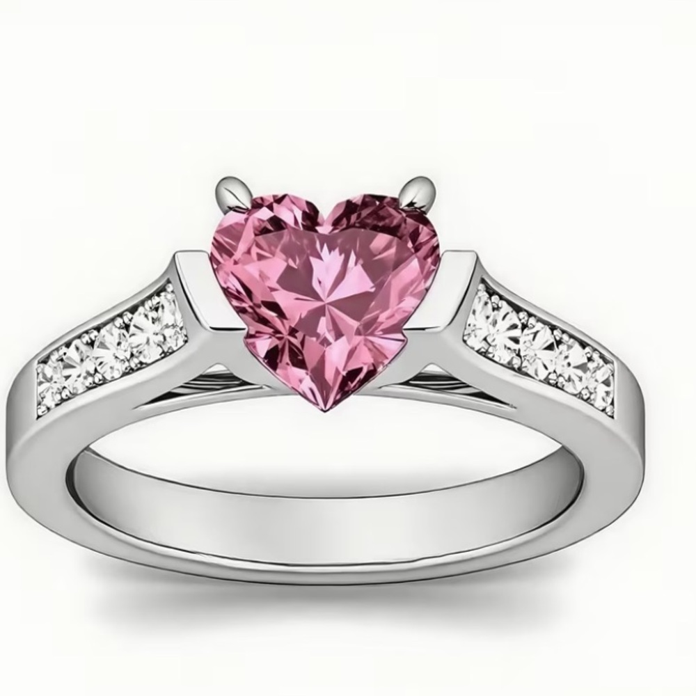 Heart Cut Pink Synthetic Crystal Ring in Silver Tone - Women Jewelry